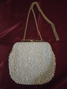 Ivory Sequin Evening Crossbody Bag with Gold Chain